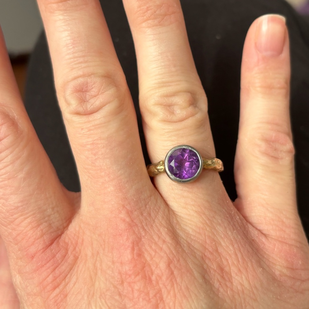 Solid 925 silver and gold tone ring with amethyst stone